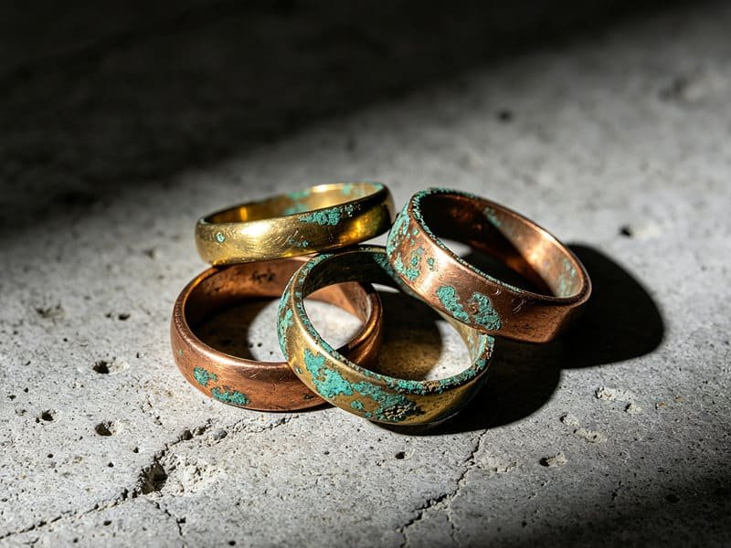 Oxidierte Ringe aus Messing und Kupfer mit Verfärbungen