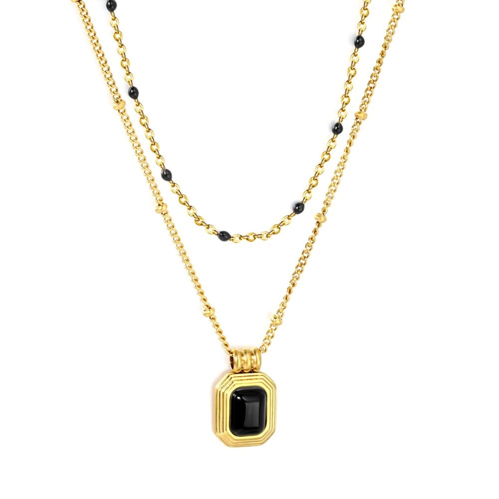 Onyx Halskette Damen Gold – Mehrreihige Edelstahl Halskette mit Anhänger