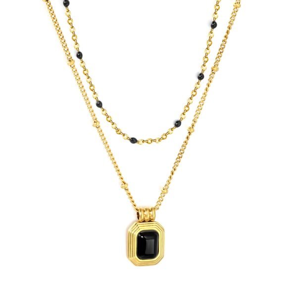 Onyx Halskette Damen Gold – Mehrreihige Edelstahl Halskette mit Anhänger