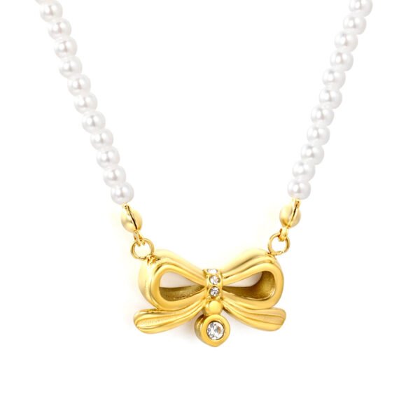 Perlenkette Damen mit Schleifen-Anhänger und Zirkonia – 18K PVD vergoldeter Edelstahl