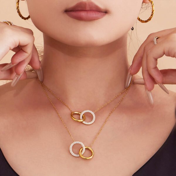 Schmuckset Damen mit Doppelring und Zirkonia – Halskette & Armkettchen aus 18K PVD vergoldetem Edelstahl