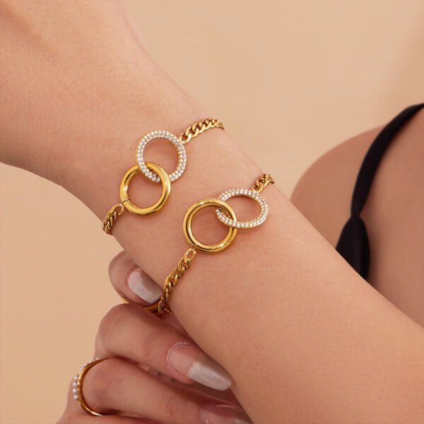 Schmuckset Damen mit Doppelring und Zirkonia – Halskette & Armkettchen aus 18K PVD vergoldetem Edelstahl