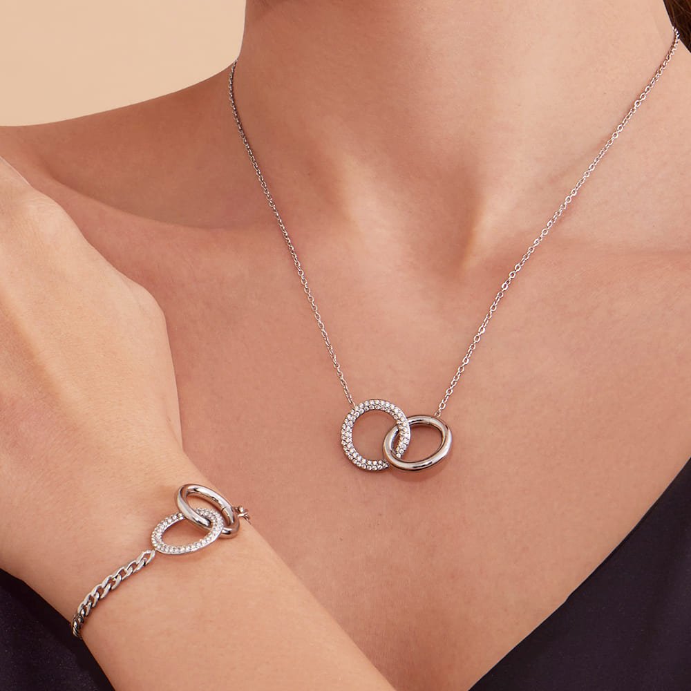 Schmuckset Damen mit Doppelring und Zirkonia – Halskette & Armkettchen aus 18K PVD vergoldetem Edelstahl