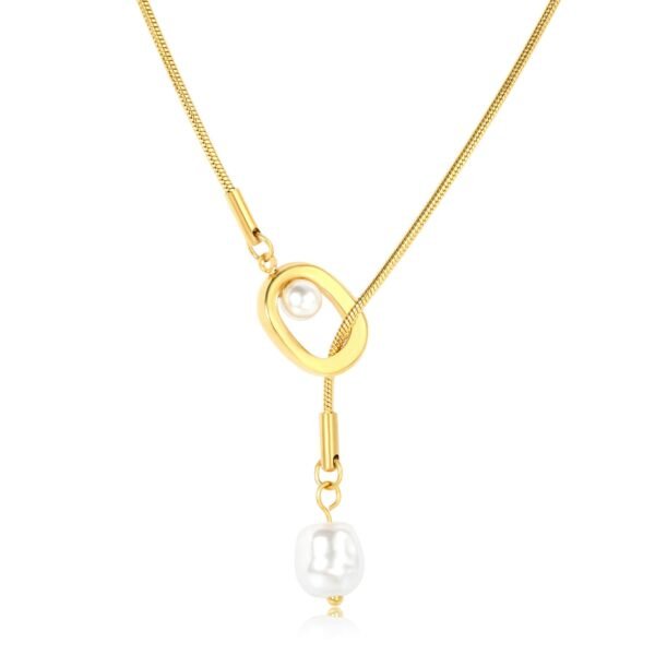 Wasserfeste Lange Perlen Halskette Damen – Goldene Edelstahl Pulloverkette mit Vintage Anhänger & Quaste